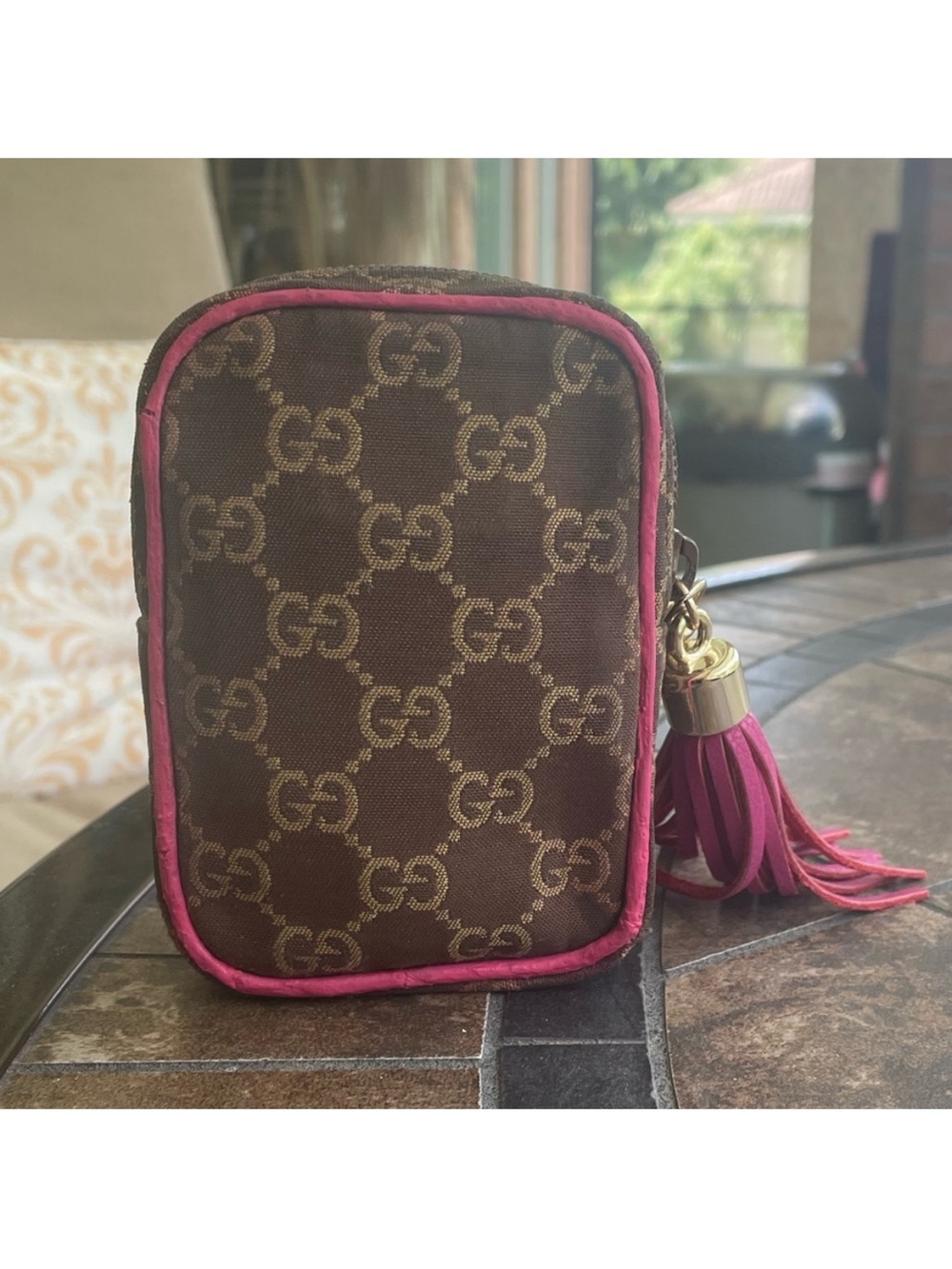 Gucci Brown Monogram Pouch with Fuchsia Trim and Tassel - Picture 8 of 10